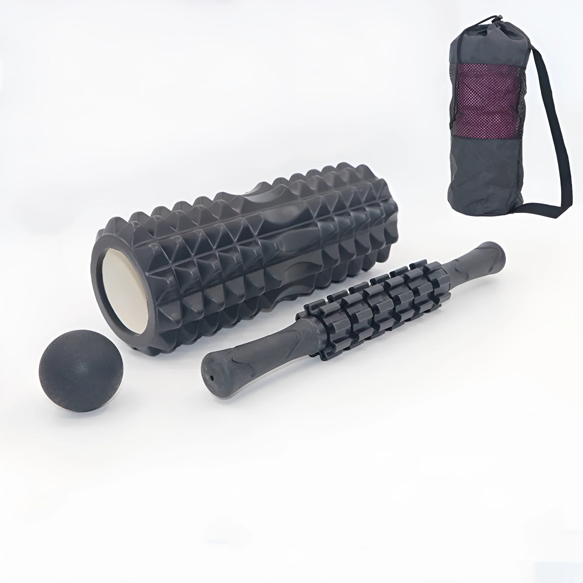 Black six-piece foam roller massage bar set with 33cm shaft for fitness and health massage