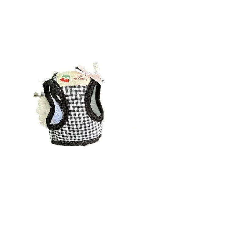 Pink and black cotton chest-back harness with integrated hand-holding rope for small dogs