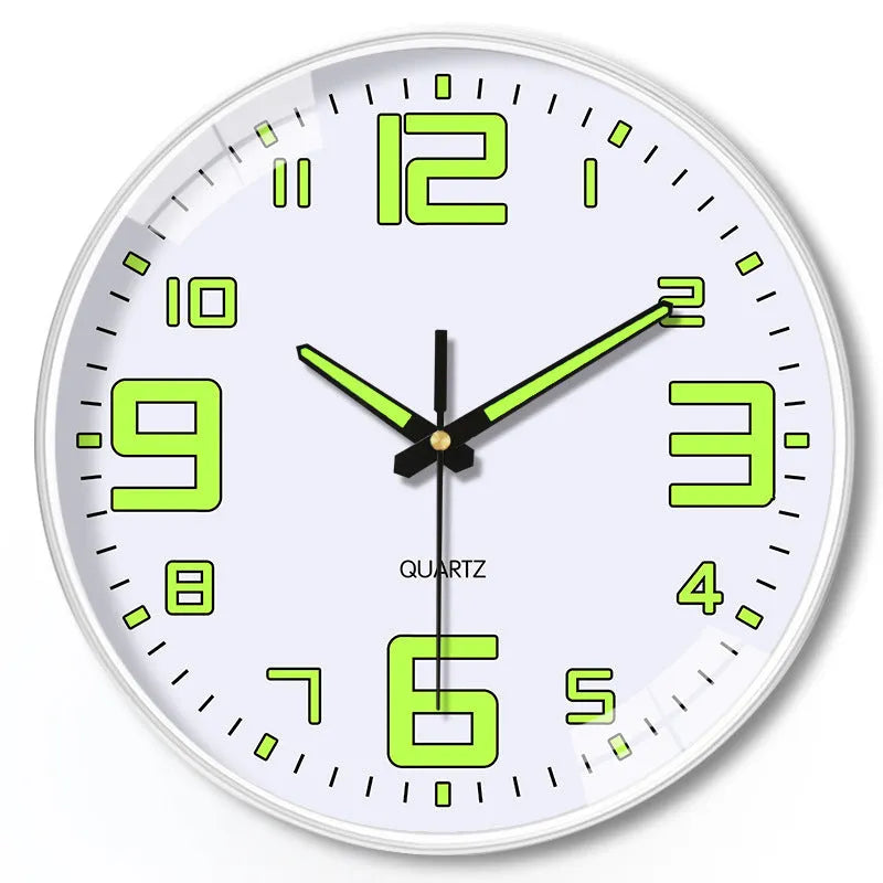 20cm round modern wall clock with luminous dial and black Arabic numerals on white face