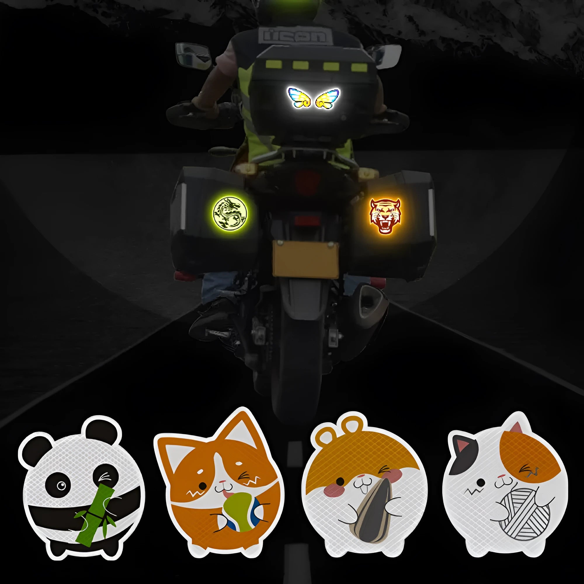 A pair of diamond reflective film warning stickers for vehicles, showing sample designs.