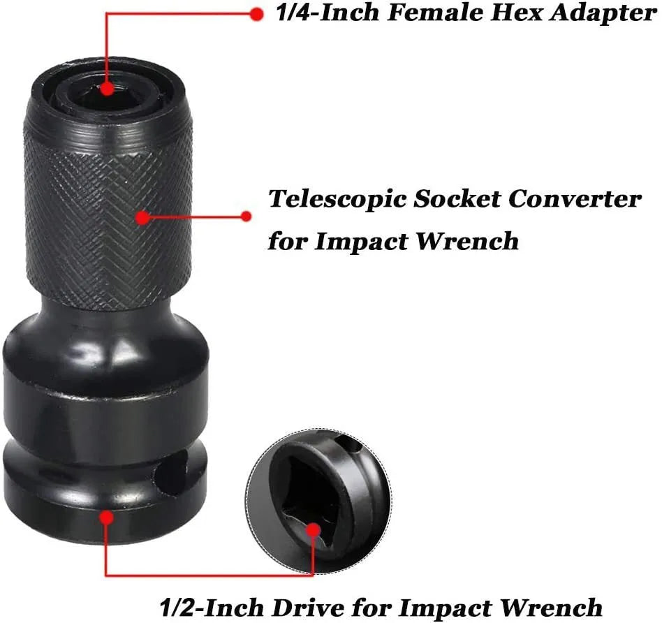 Steel telescopic bit holder with hexagonal handle for electric wrench, shown with extended sleeve.