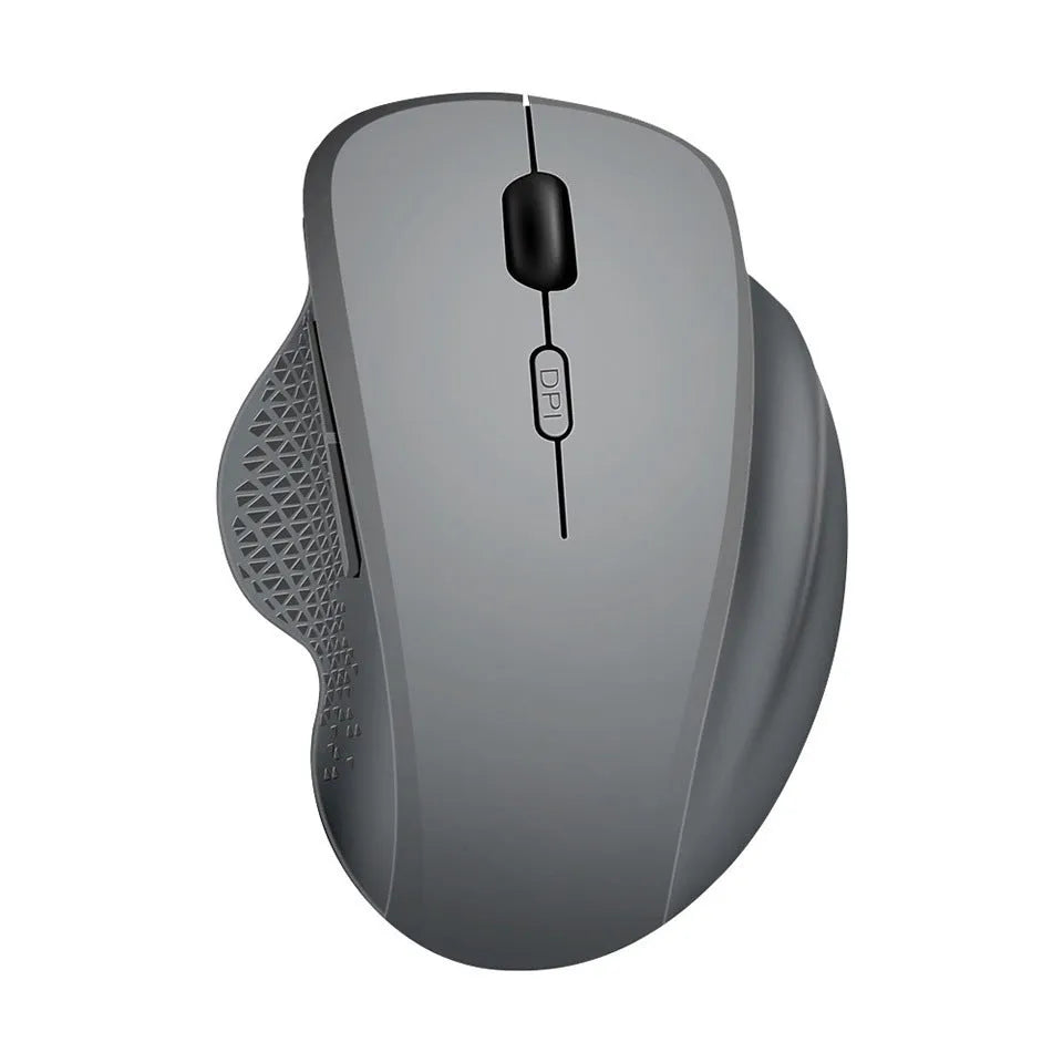 Black rechargeable wireless mouse with USB cable next to laptop showing compact 112mm size