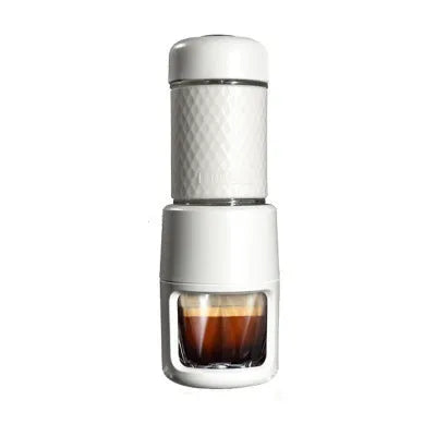Portable manual espresso coffee machine in stainless steel, 7x7x20.3 cm, available in multiple colours
