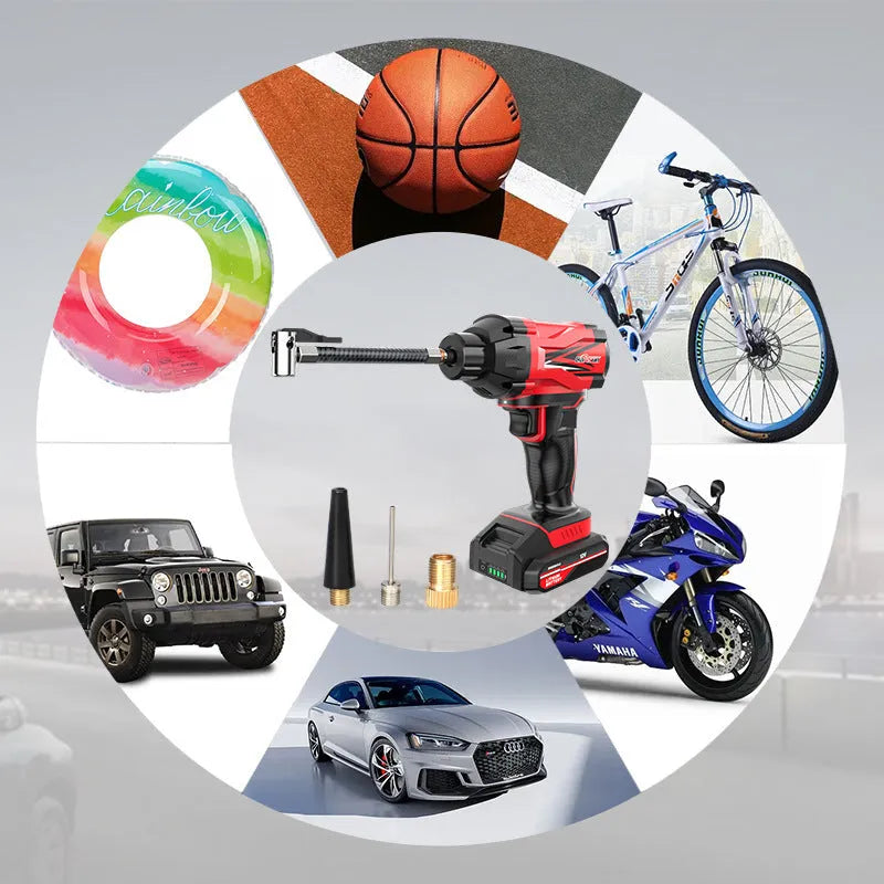 Red and black portable car wireless air pump with digital display, nozzles, and power cables.