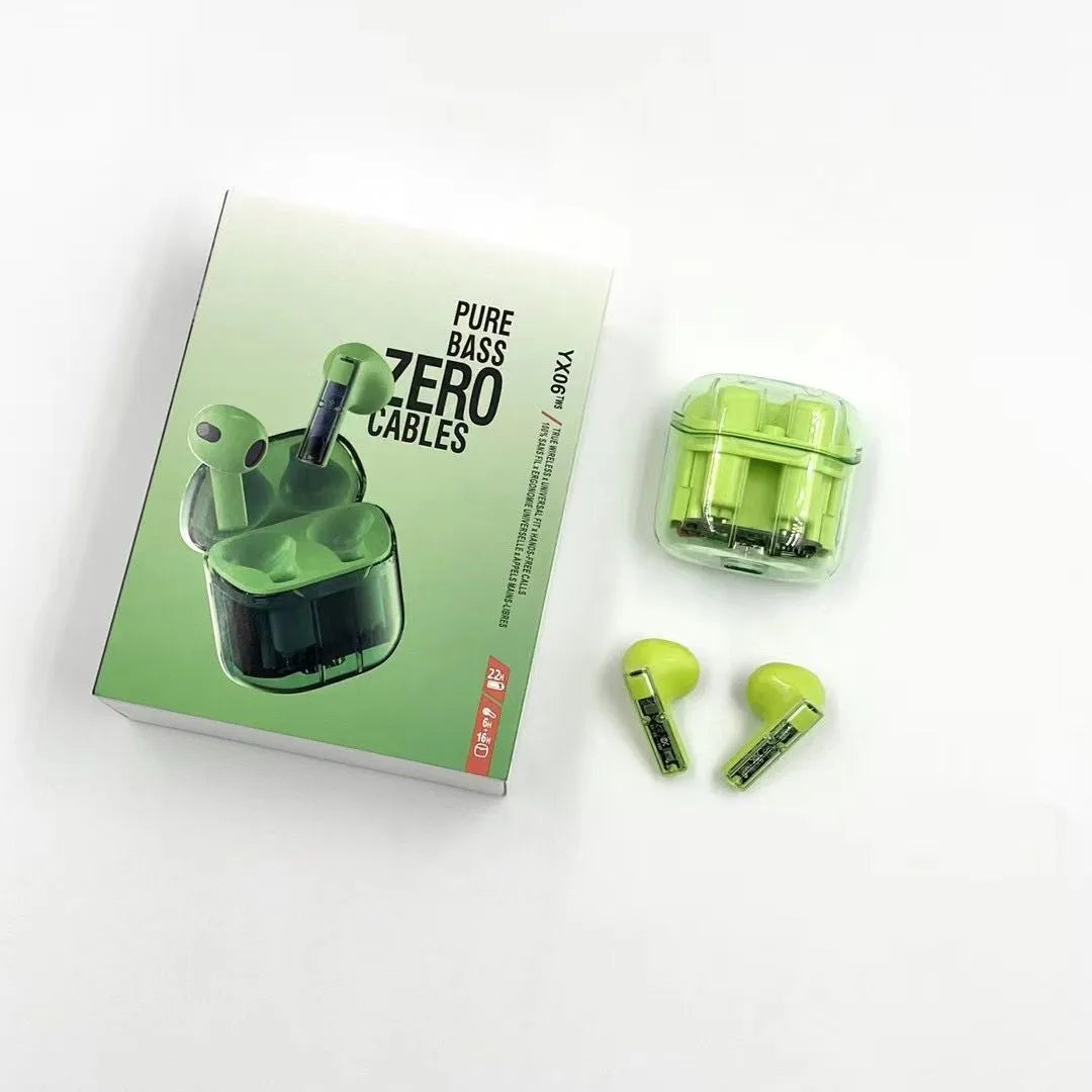 YX06 transparent case TWS wireless earphones in black, white, orange, and green colours.
