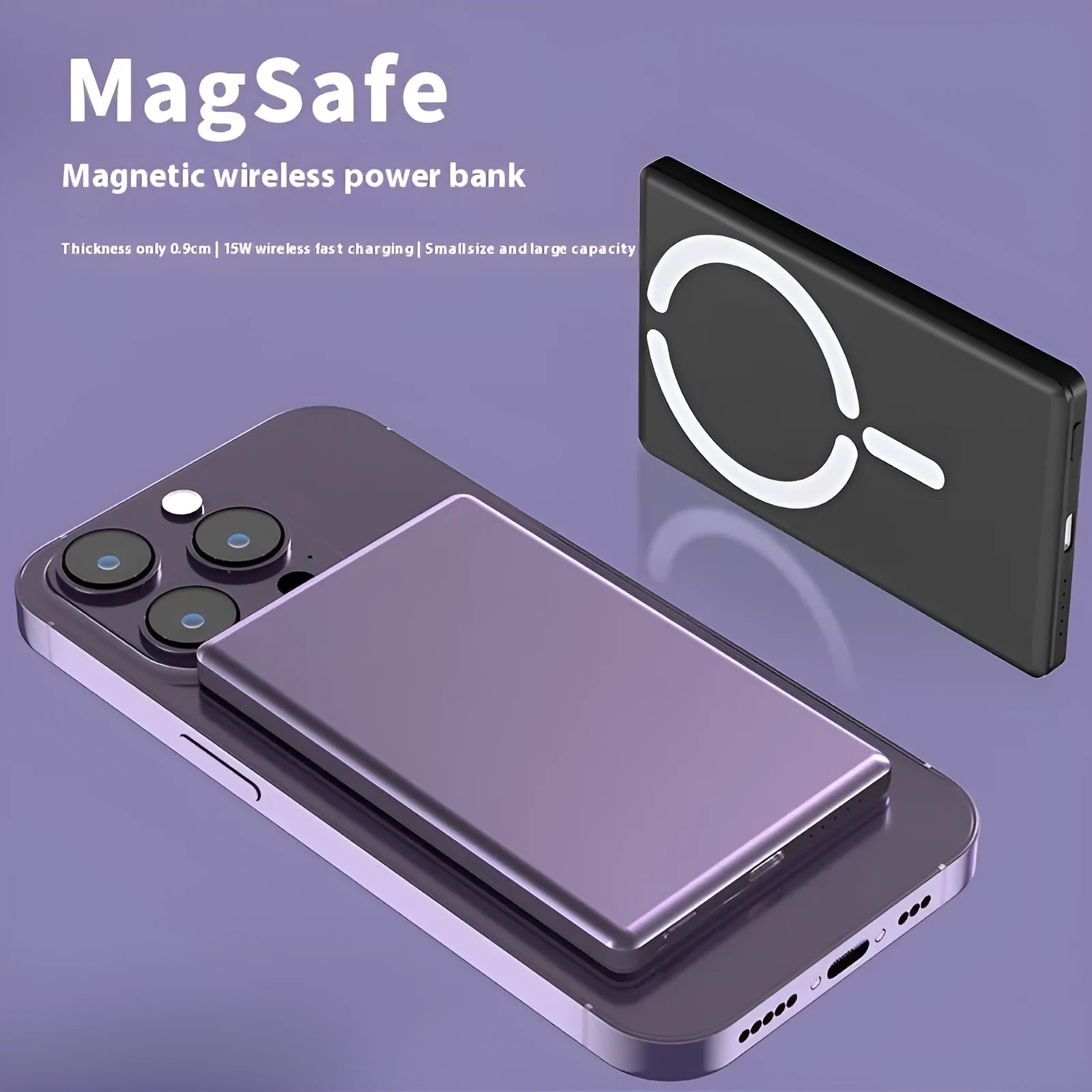 Ultra-thin magnetic power bank in black, dark grey, silver, or violet with slim 9mm profile