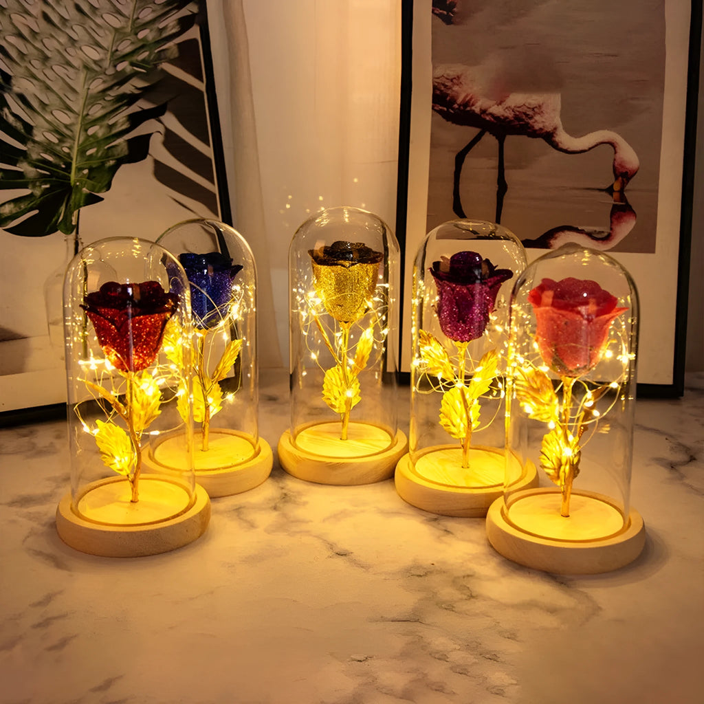 Eternal rose in glass cover with LED light on, seven colour options, handmade copper wire stem