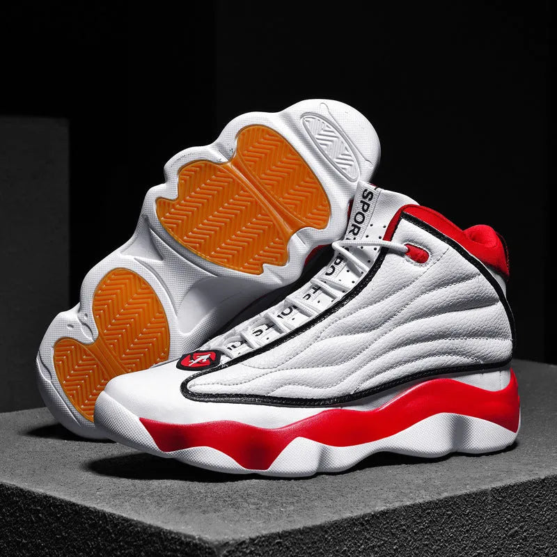 Men's high-top basketball shoes with mesh upper and thick rubber sole in AJ13 colour options.