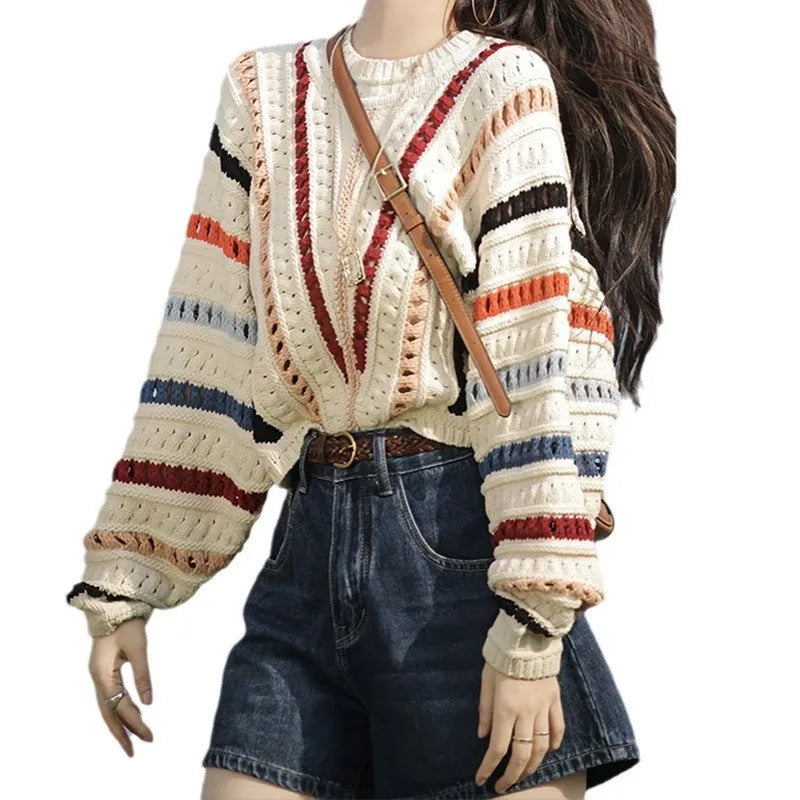 Retro rainbow striped hollow sweater with batwing sleeves and round neck in loose casual style