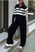 Women's black and white striped polo collar knitted shirt with contrasting trousers two-piece set