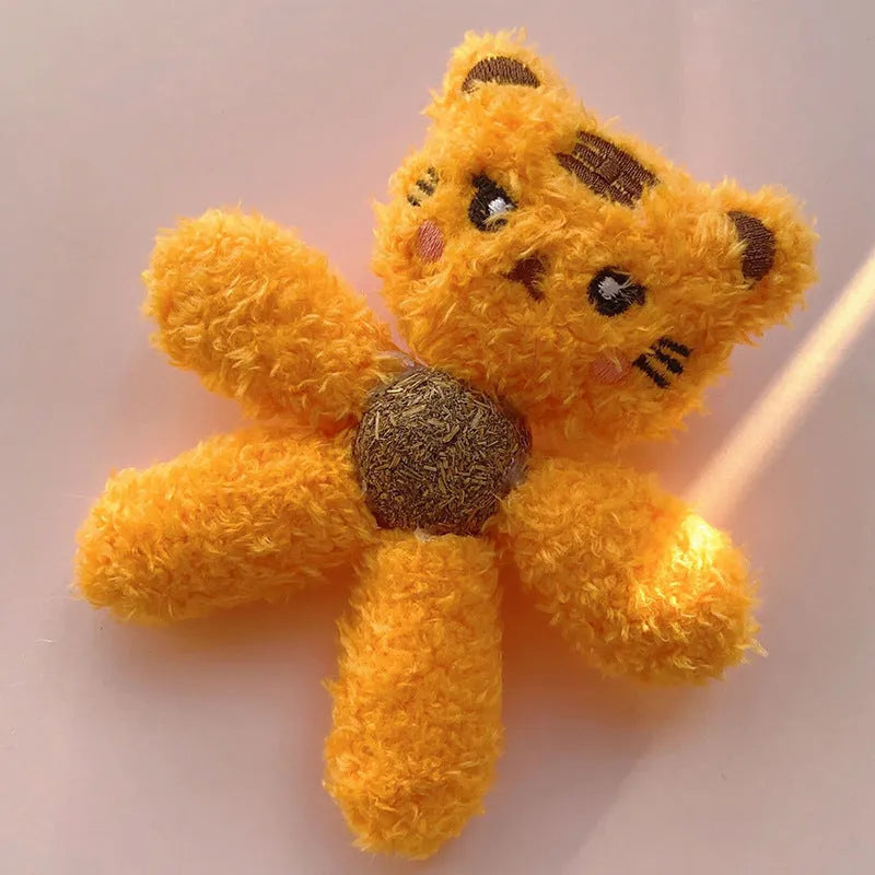 Edible catnip ball chewing toy for cats with plush animal design for dental enrichment