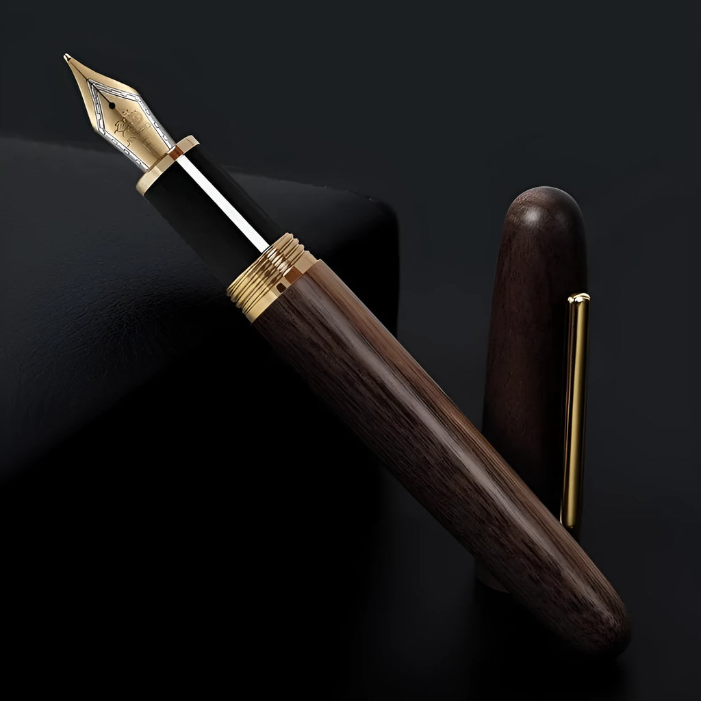 Wooden fountain pen with rotating cap showing choice of ebony, rosewood and tiger ebony finishes