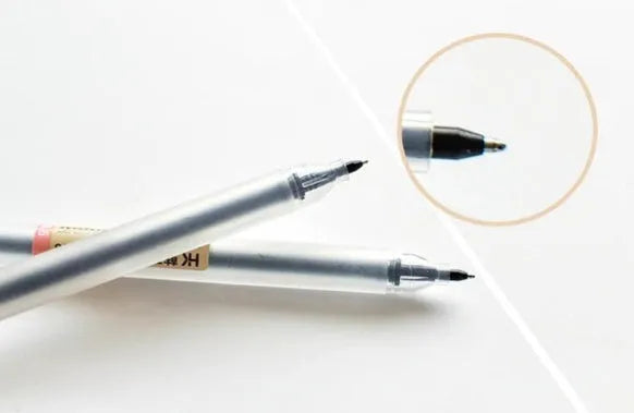 Set of 12 Muji gel pens with 0.5mm fine nibs showing ink prevention mechanism