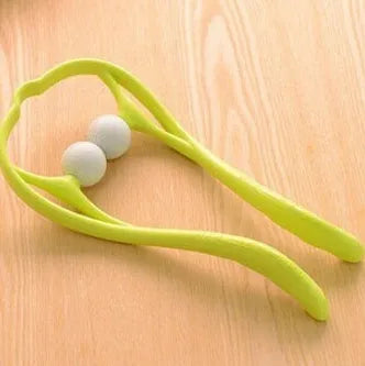 Blue plastic neck massager with hand roller and bracket for pressure point therapy on neck and shoulders
