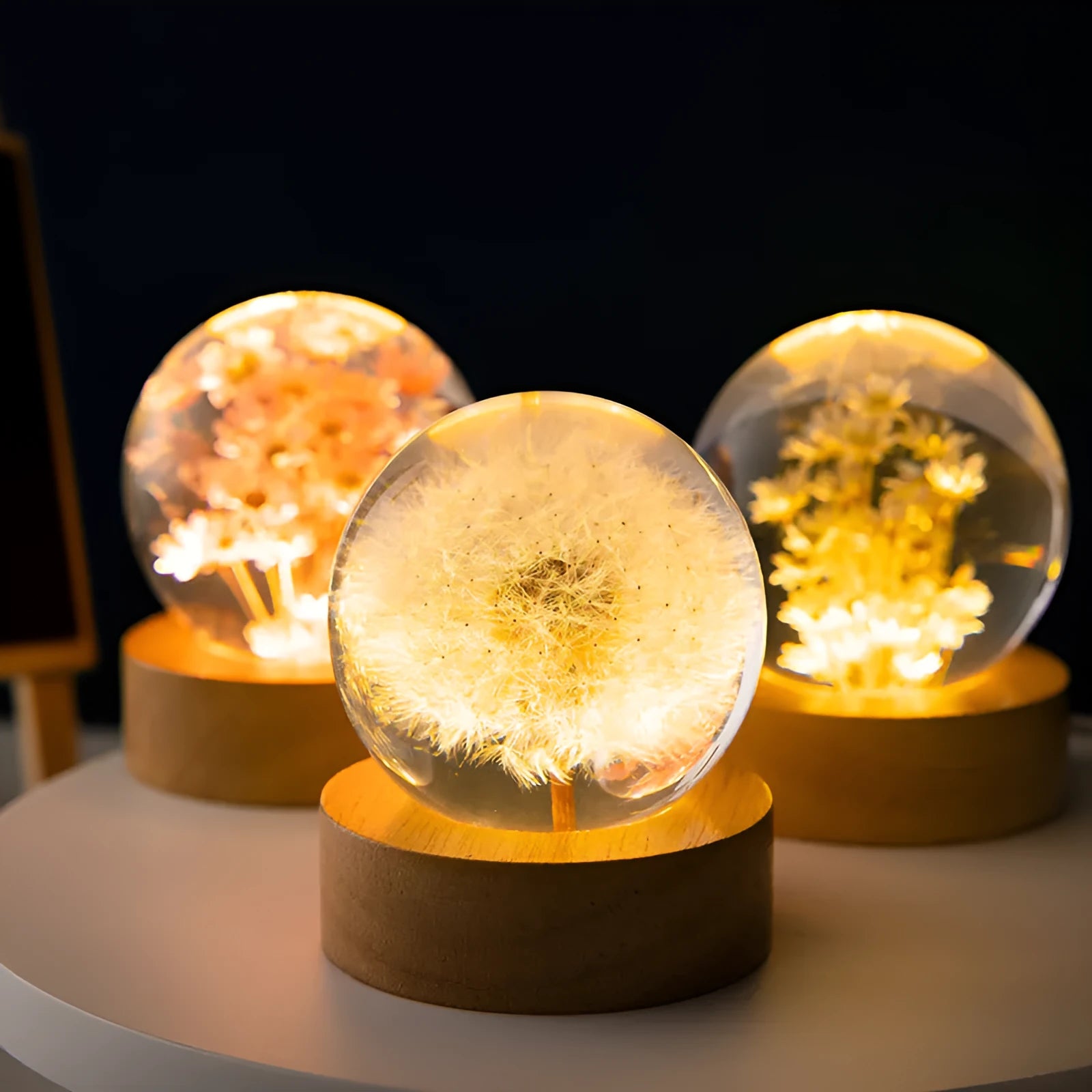 3D dandelion crystal ball night light on a beech wood stand, USB powered desktop ornament.