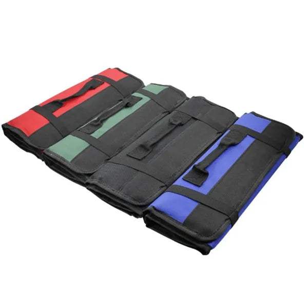 Portable multifunctional reel type hardware tool bag in 600D Oxford cloth, rolled up with buckle closure