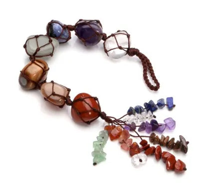 Handmade gemstone car pendant colorful chakra beads hanging from car rear-view mirror