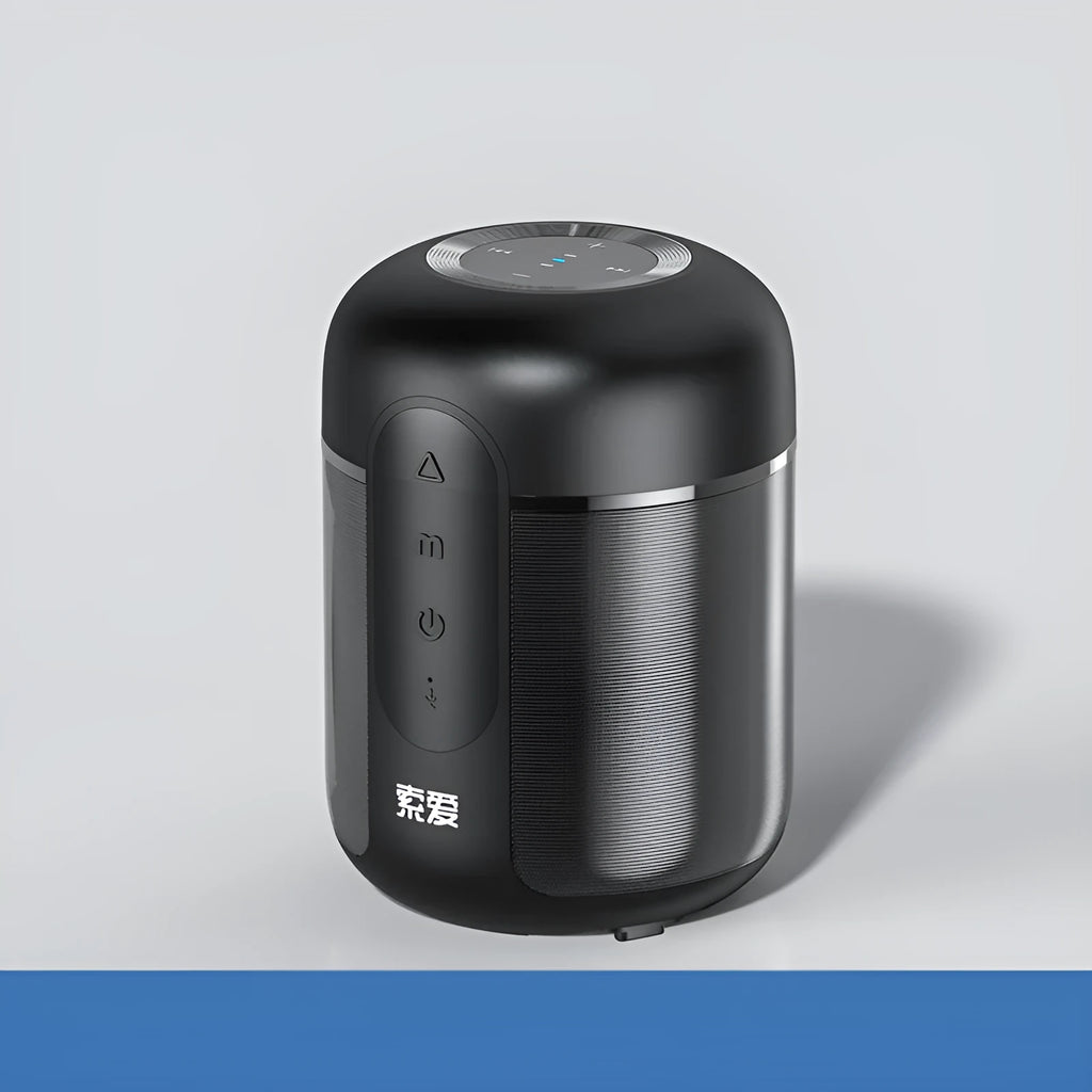 Black portable Bluetooth speaker showing compact 72mm by 99mm dimensions with connectivity ports