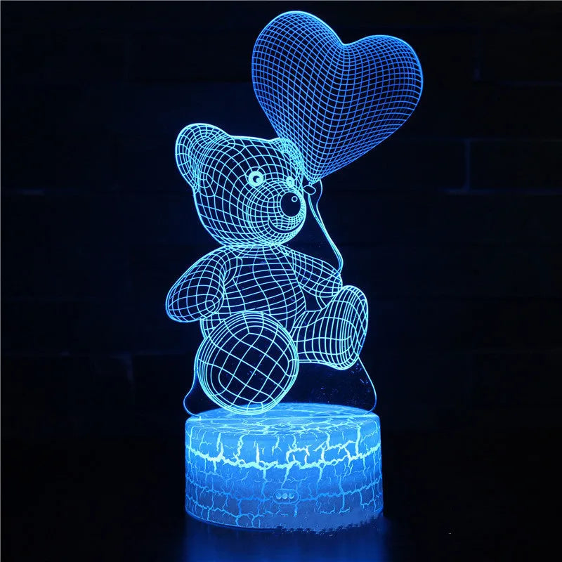 3D acrylic LED night light with teddy bear pattern in 16 colours, USB and remote control