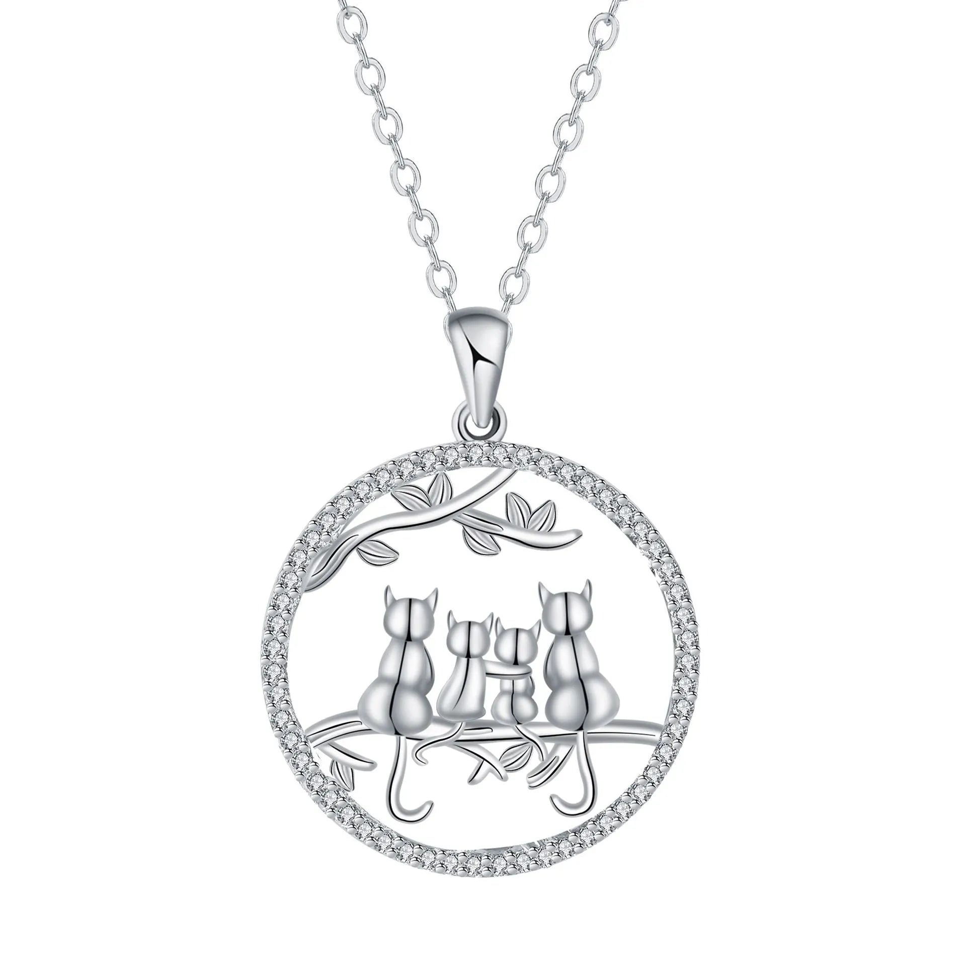 Women's silver-toned necklace with four kitten charms on cross chain
