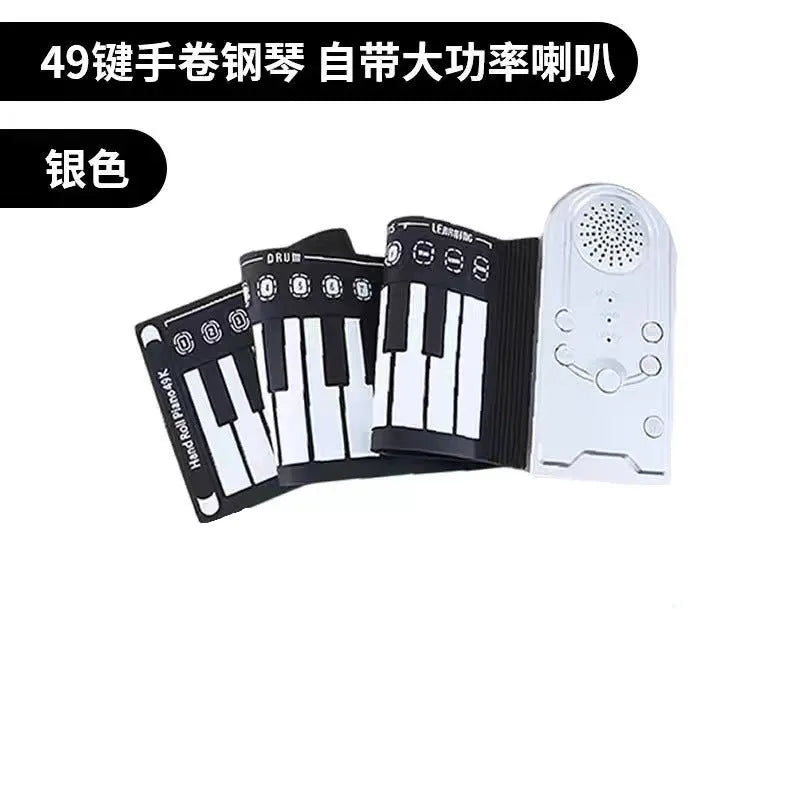 Portable folding electronic keyboard with roll-up silicone keys and ABS control panel in black, silver, or white.