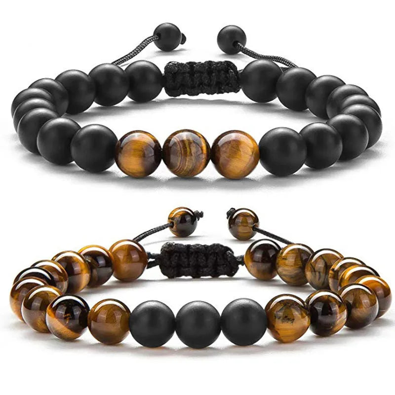 Geometric matte black agate couple bracelets with tiger eye beads, shown as a matching set.