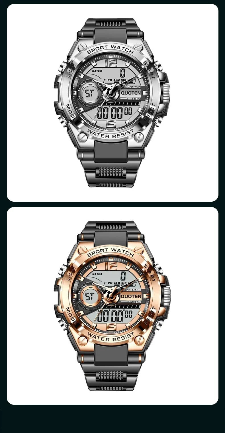 Waterproof electronic quartz watch with 45mm round dial, multi-function display, and plastic strap in black silver finish