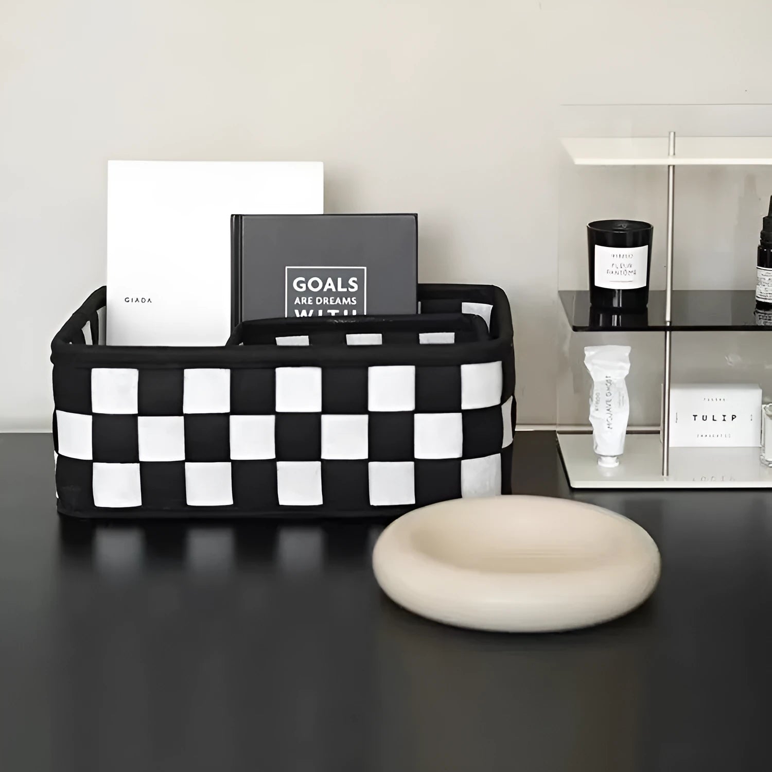 Checkerboard pattern woven felt folding storage box measuring 37cm by 29cm by 19.5cm