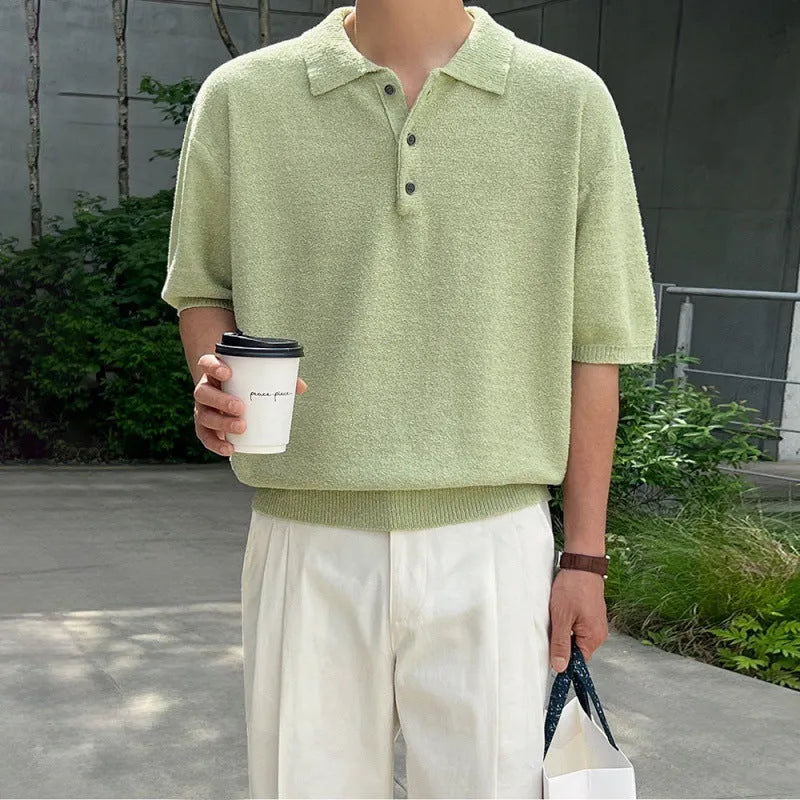 Men's caramel coloured retro knitted polo shirt with asymmetric detail and short sleeves in loose fit