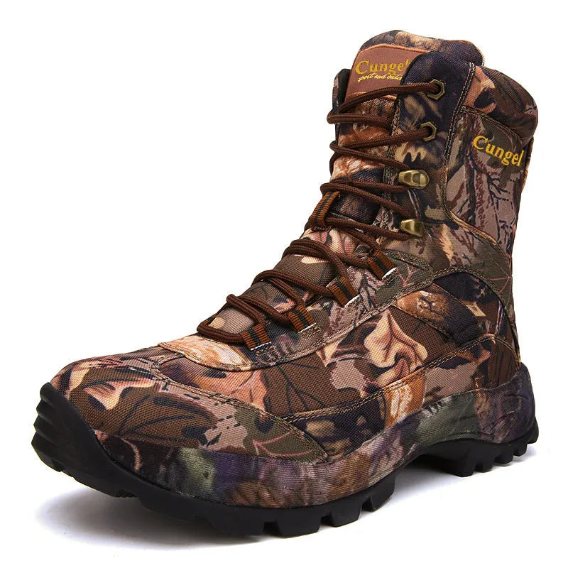 Men's high-top camouflage shoes in brown acrylic fabric for outdoor sports and cycling