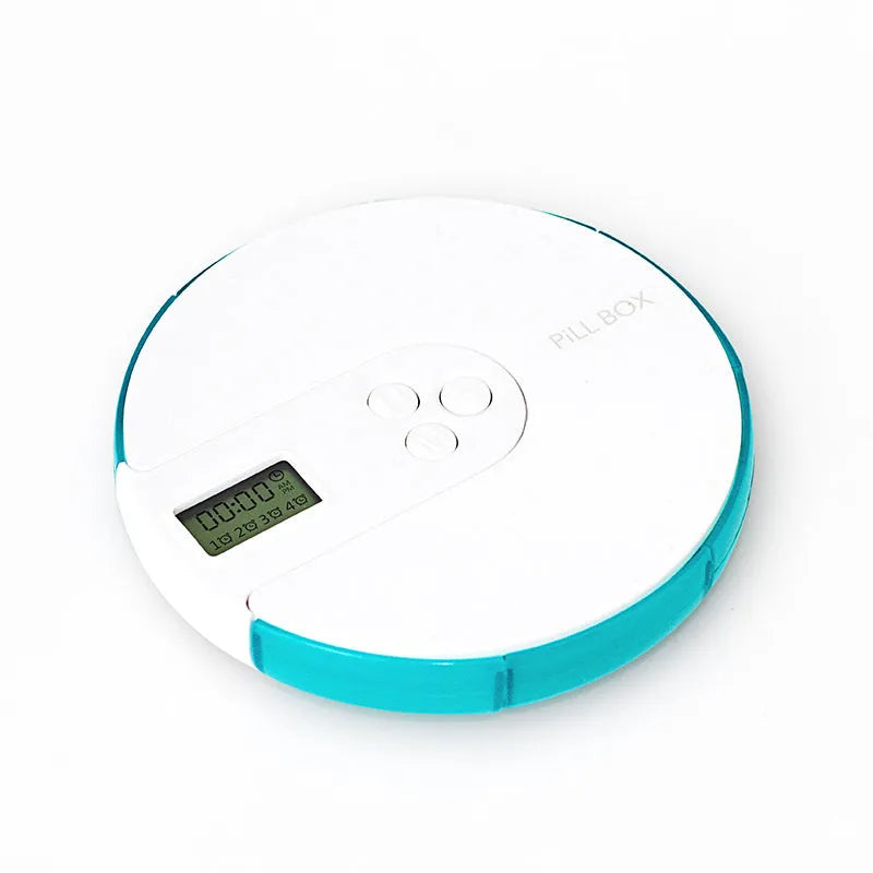 Blue 7-compartment electronic alarm clock pill dispenser showing timer display and separate lids.