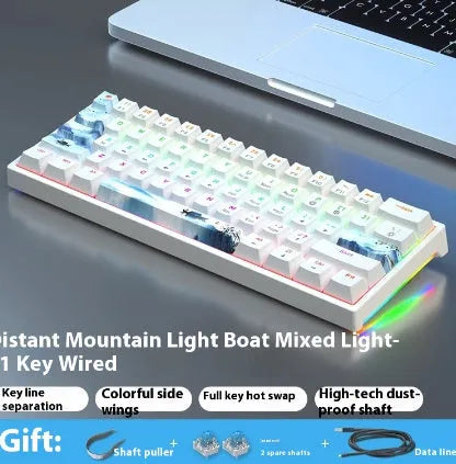Bluish-black 61-key mechanical keyboard with wired USB cable on desktop
