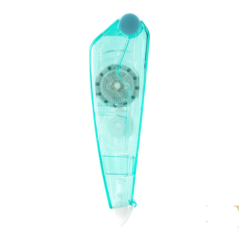 Transparent correction tape refill cartridge in blue, pink, yellow, black, and white.