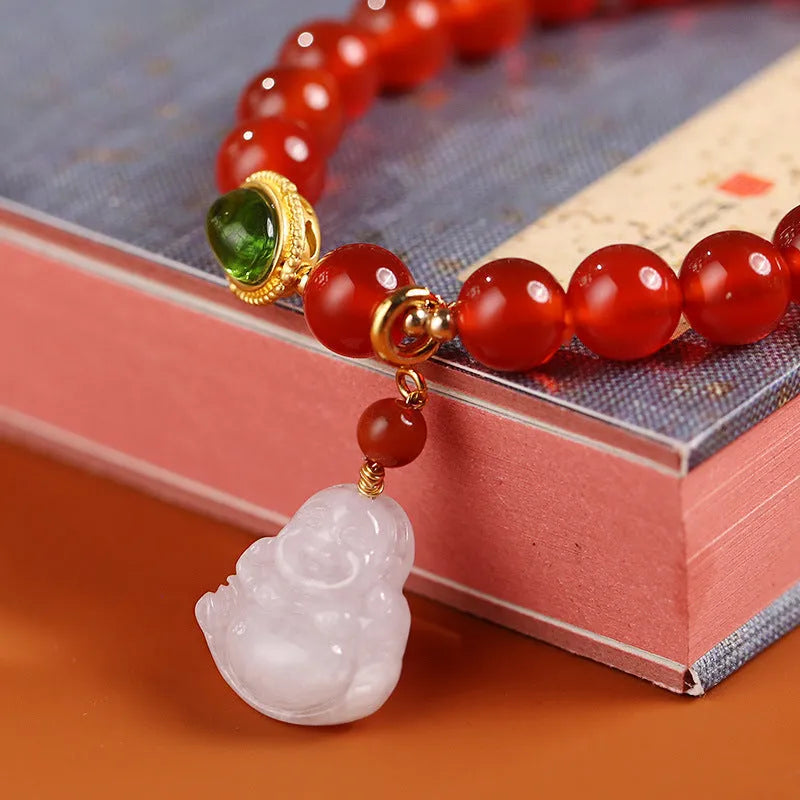 Handmade Chinese style bracelet with amber, red agate beads and Maitreya Buddha gold pendant