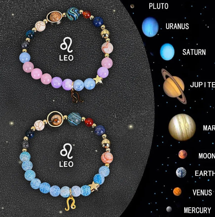 Set of two natural stone beaded bracelets with zodiac sign charms on an adjustable band