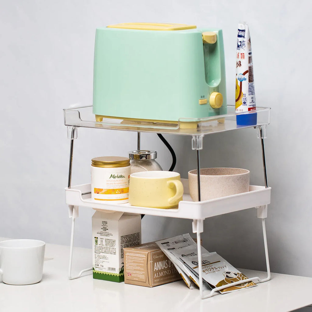 Transparent and white plastic kitchen supplies rack for desktop cupboard organisation