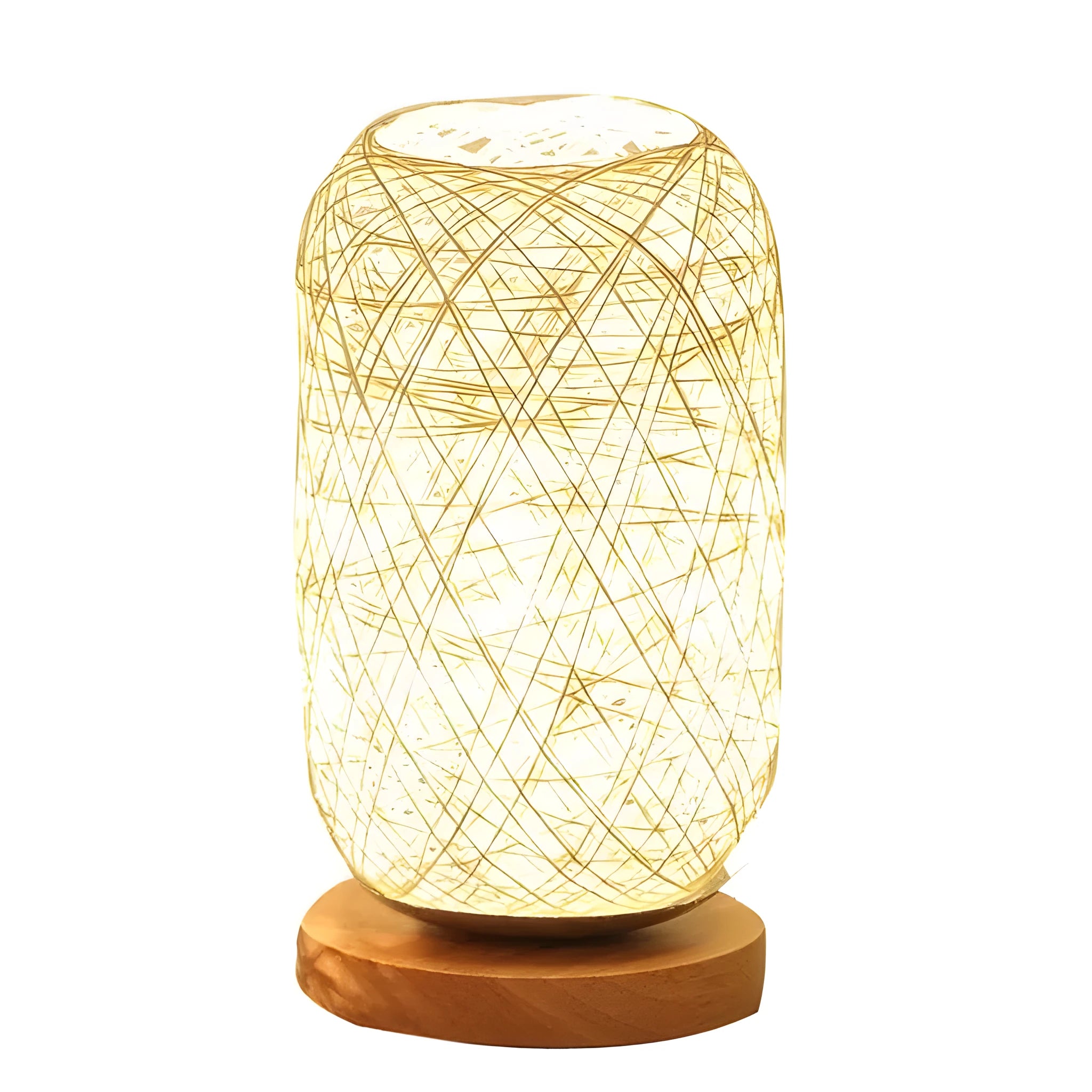 Brown hemp rope Sepak Takraw ball desk lamp with solid wood base on a desk.