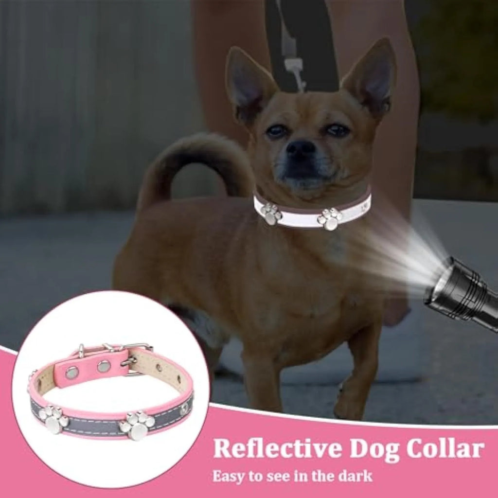 Reflective adjustable leather dog collar with metal buckle and paw rivet on a grey background.