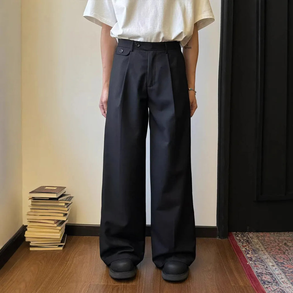 Men's brown wide-leg straight-cut casual trousers made from a polyester blend fabric on a hanger.
