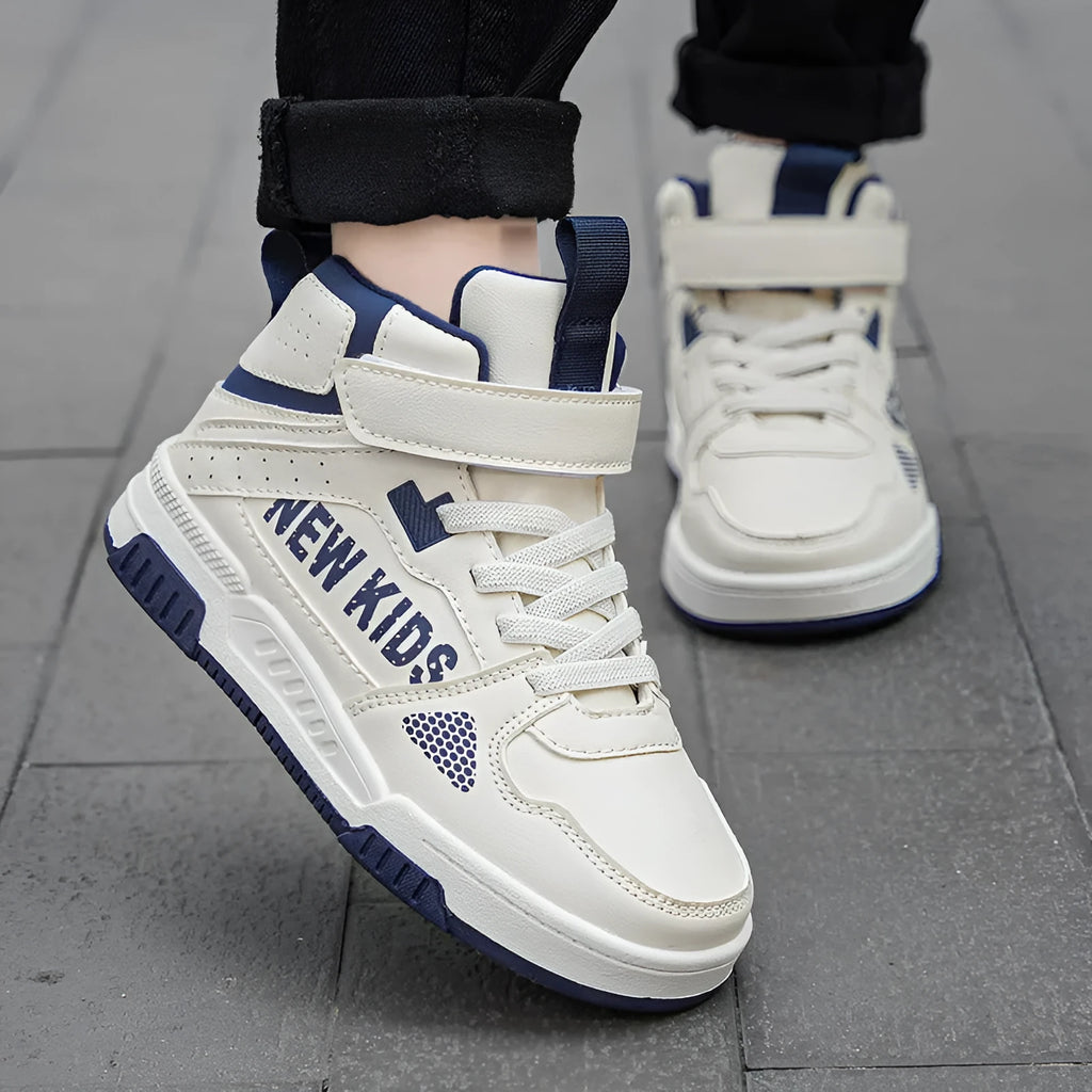 Children's street sneakers with buckle closure in beige green, blue, white and purple, or white powder.