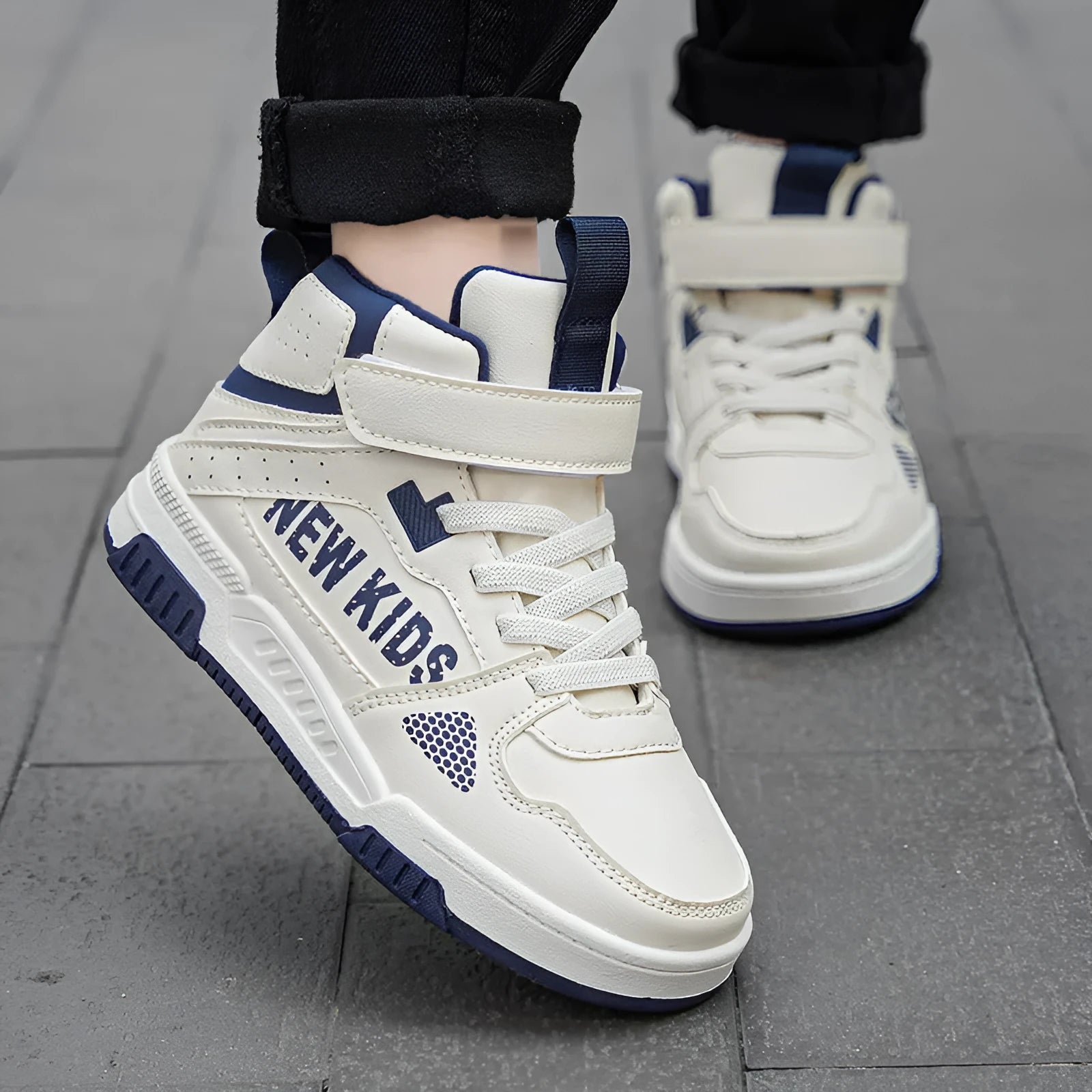Children's street sneakers with buckle closure in beige green, blue, white and purple, or white powder.