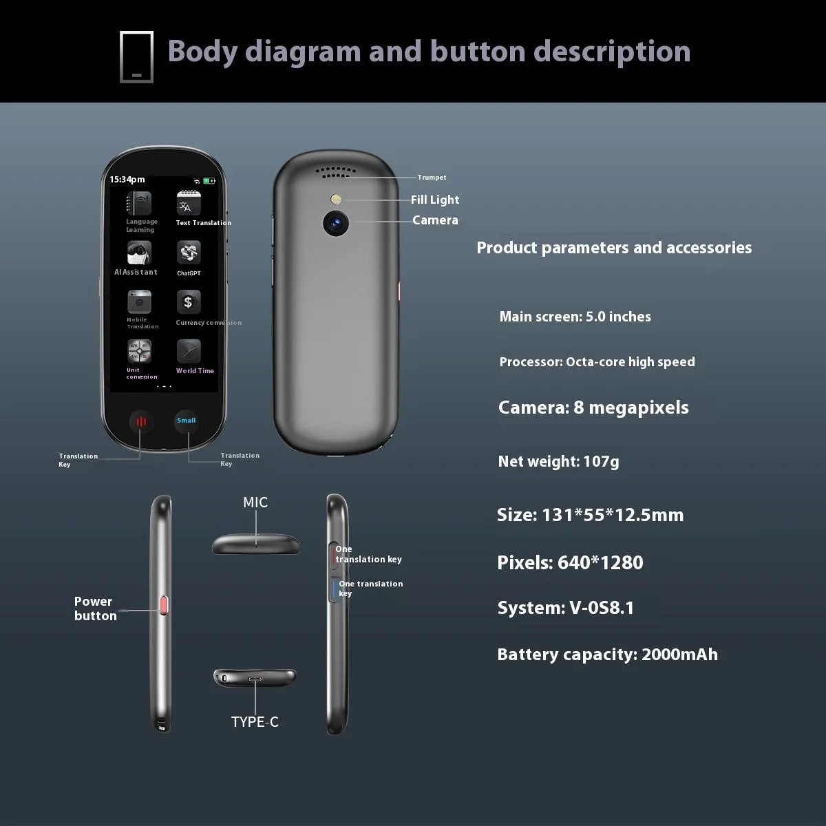 Black multi-language simultaneous interpretation translator with lanyard and charging cable