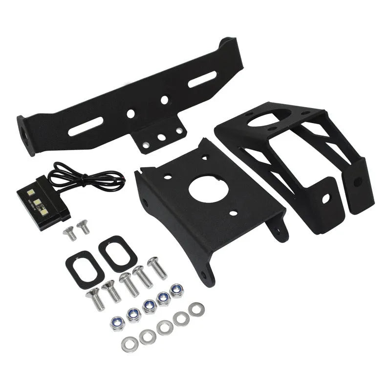 Black aluminium rear licence plate bracket for Honda motorcycles on a white background.