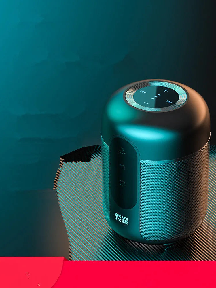 Black portable Bluetooth speaker showing compact 72mm by 99mm dimensions with connectivity ports