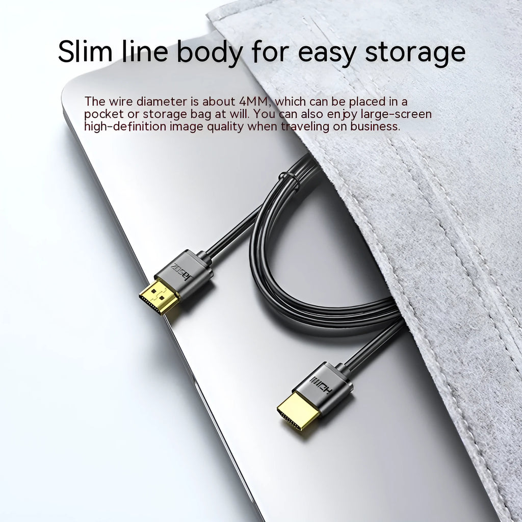 Gold-plated HDMI cable with thin, flexible black wire shown at various lengths.