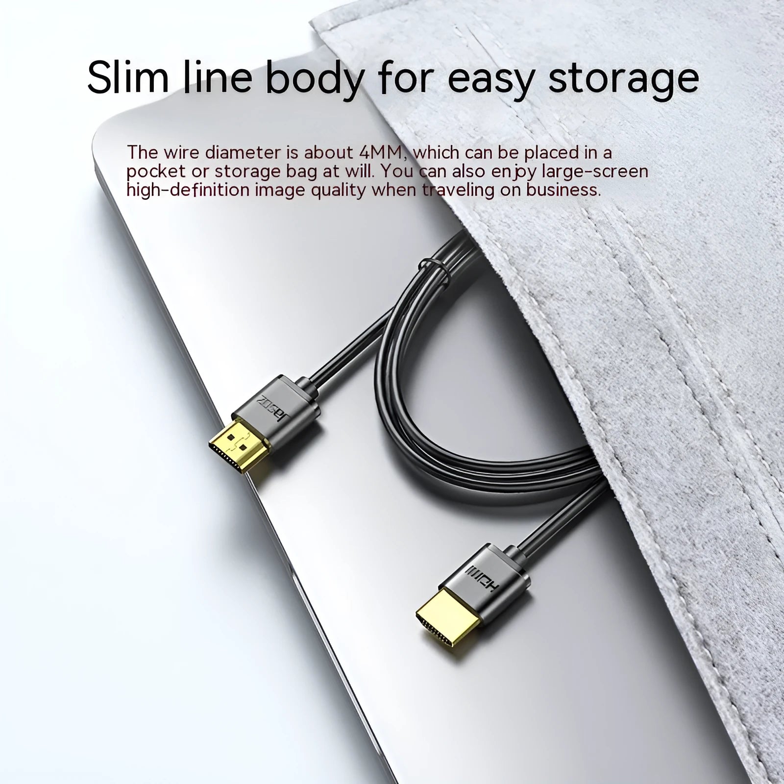 Gold-plated HDMI cable with thin, flexible black wire shown at various lengths.