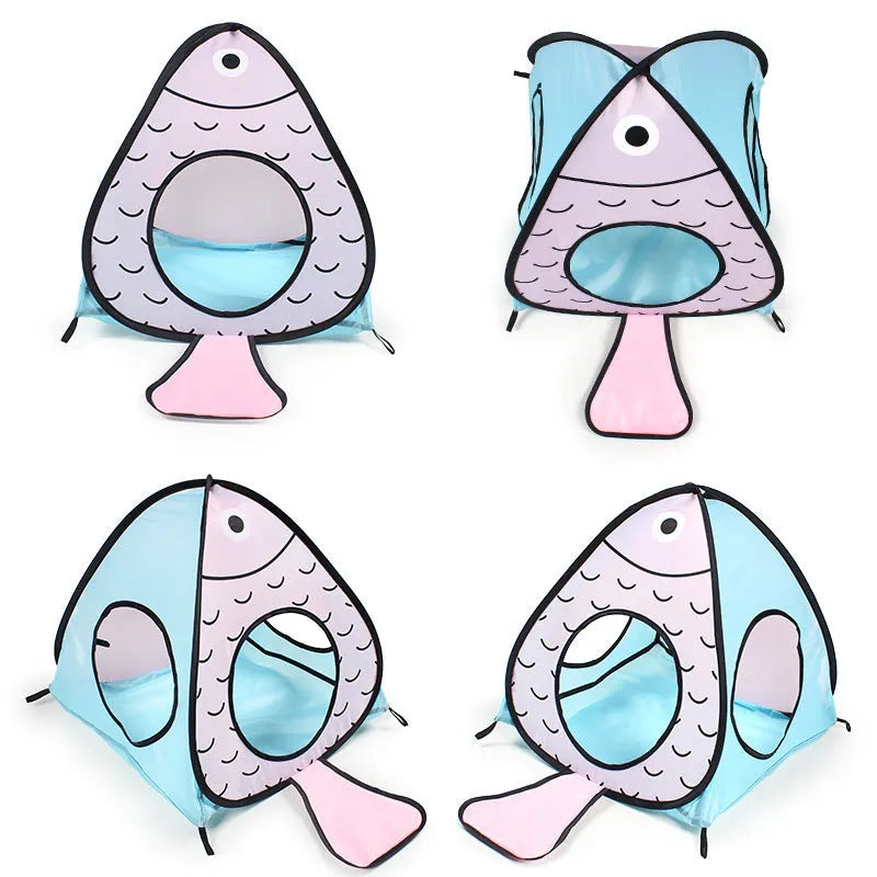 Foldable grey cat tunnel with cat and fish pattern, shown collapsed and set up.