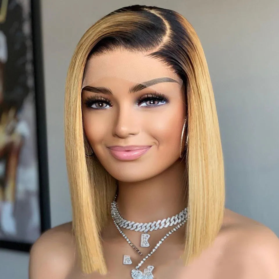 Ombre straight real human hair short bob wig with 180% density, 12 inch length, half lace front