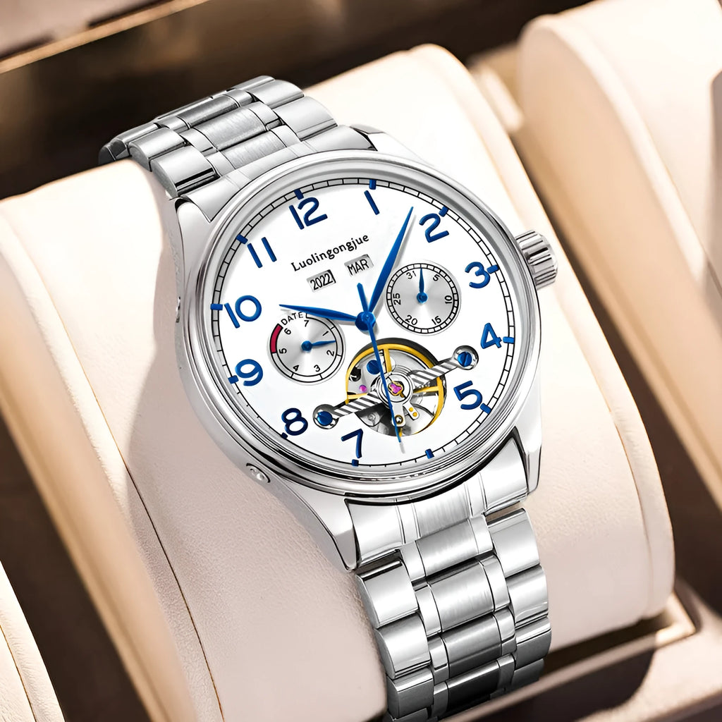 Men's stainless steel mechanical business watch with sapphire crystal glass and transparent case back