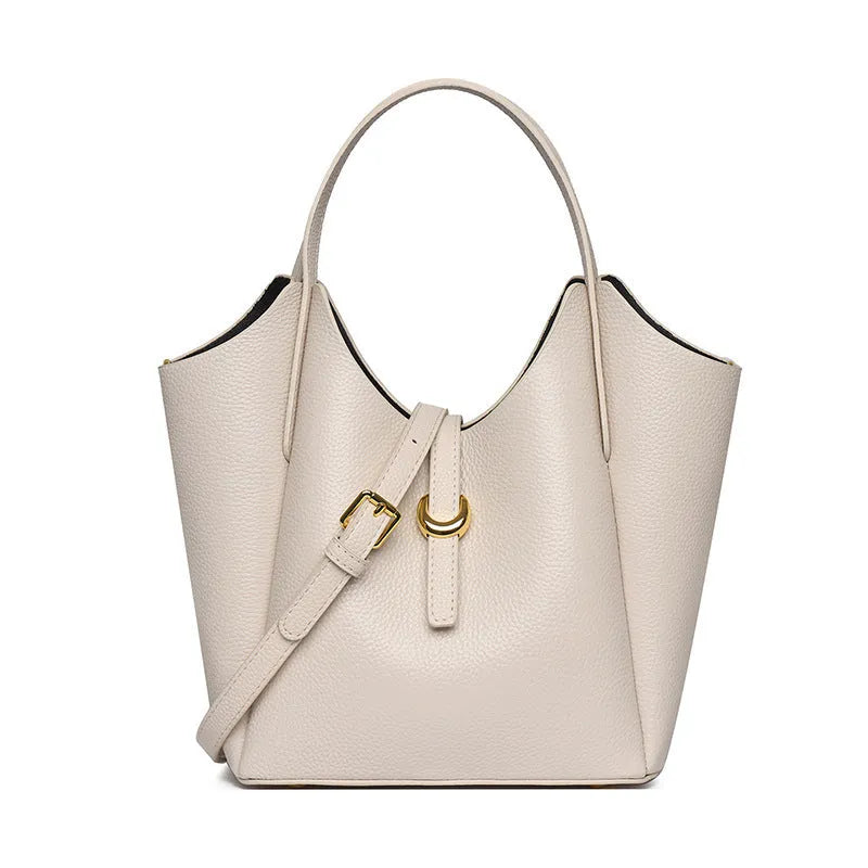 Genuine leather women's retro bucket bag in beige with top handle and sandwich pocket